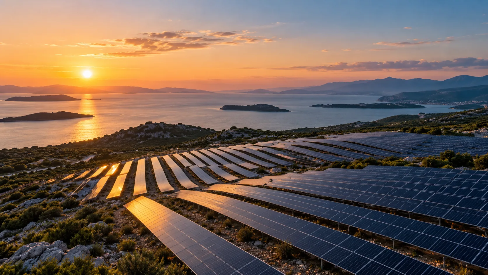 Solar panels following the Adriatic coastline at sunset