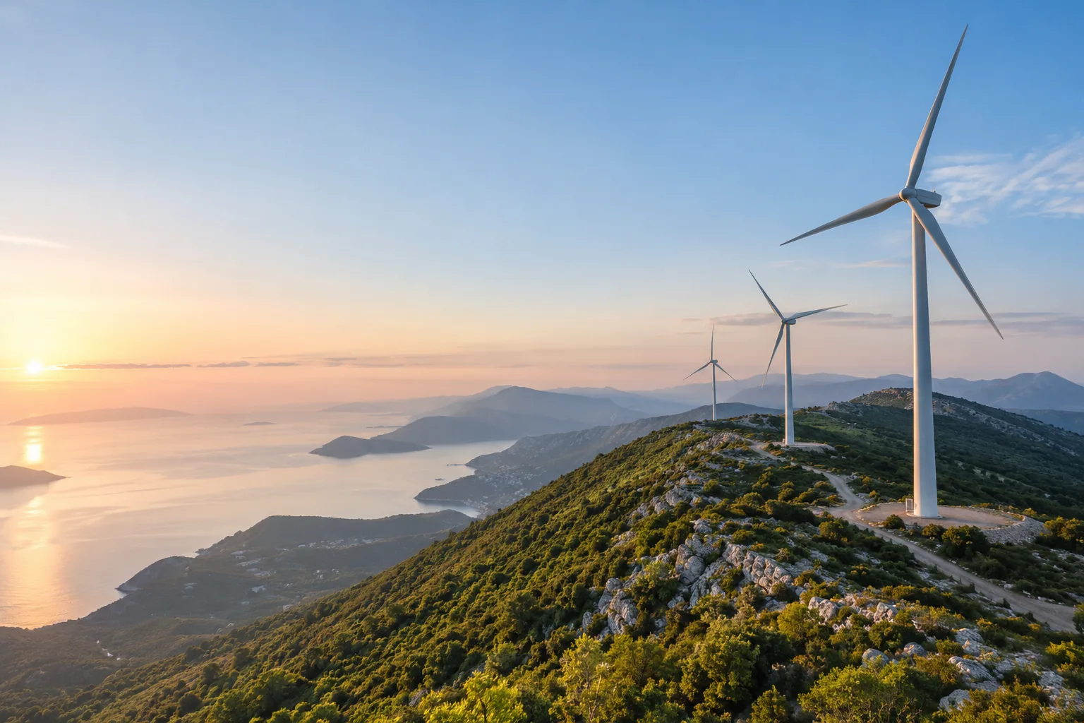 Wind turbines on a green Adriatic ridge above the coast